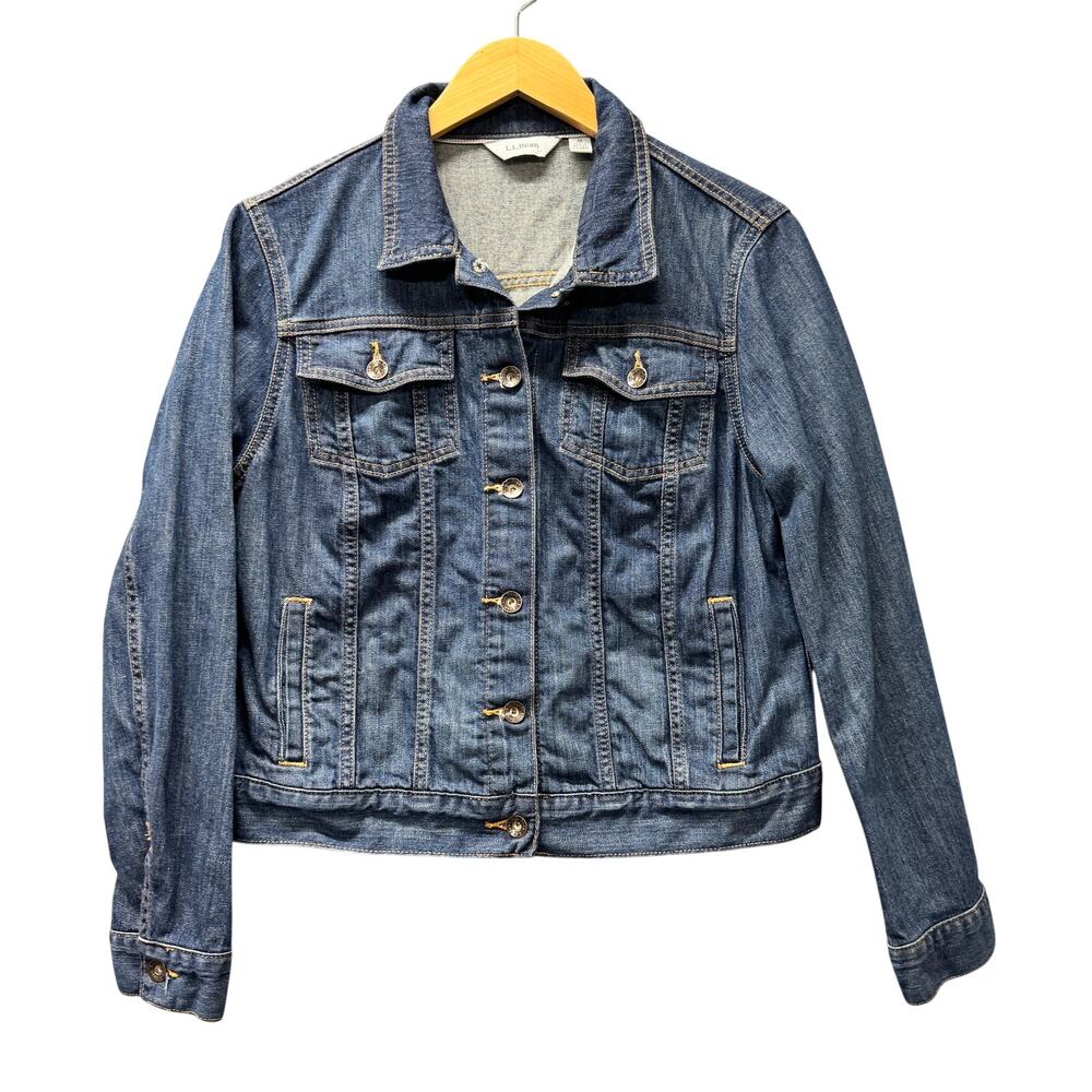 LL Bean Jean Jacket Womens Petite Medium Mp Blue Denim Trucker Button Up Classic